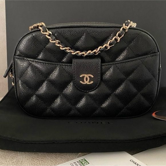 Chanel Black Caviar Mini Camera Bag / Clutch with Chain with Gold Tone Hardware - Picture 1 of 14